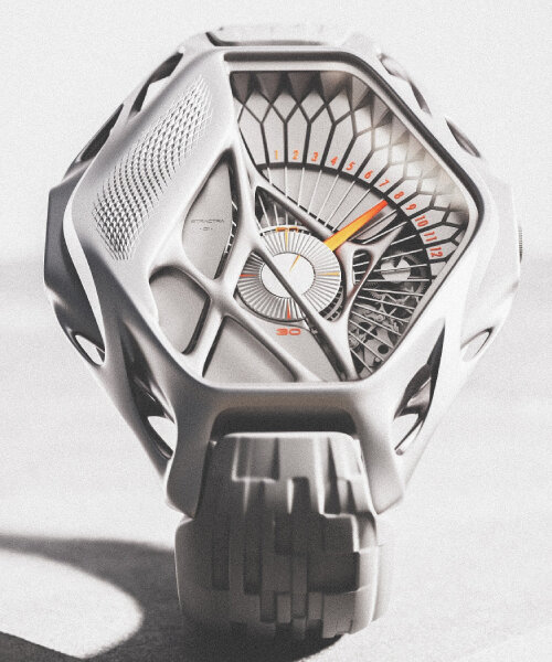 3D printed titanium watch STRACTRA places the hours over geometric, 180-degree arc