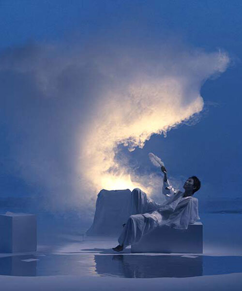 black void frames cloud installation as narrative tool in multimedia atmospheric performance