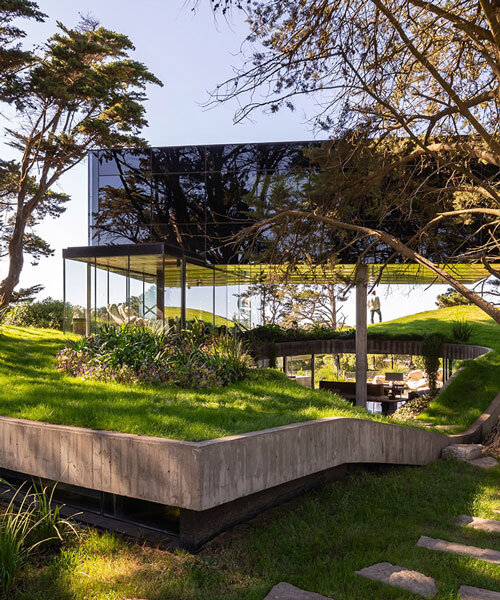 casa moro's green concrete mantle follows natural slope of forested terrain in buenos aires